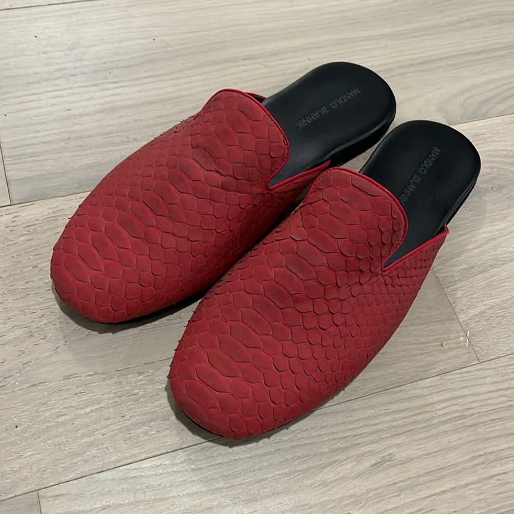 Manolo Blahnik men’s slips. Red Snake Skin